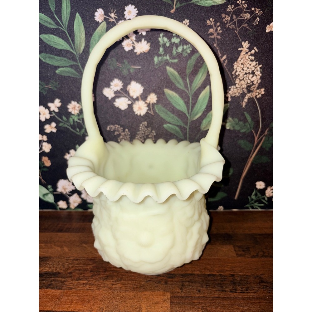 Vintage Fenton Ruffled Poppy Basket Green Custard Satin Glass 9.50" Tall 1960